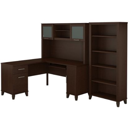 Picture of Bush Furniture Somerset L Shaped Desk With Hutch And 5 Shelf Bookcase, 60inW, Mocha Cherry, Standard Delivery