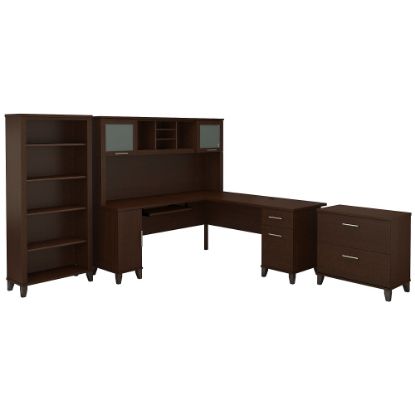 Picture of Bush Furniture Somerset 72inW L Shaped Desk With Hutch, Lateral File Cabinet And Bookcase, Mocha Cherry, Standard Delivery