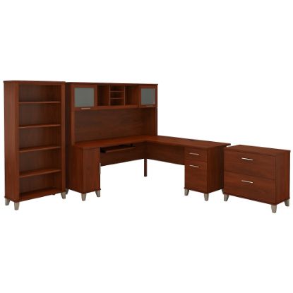 Picture of Bush Furniture Somerset 72inW L Shaped Desk With Hutch, Lateral File Cabinet And Bookcase, Hansen Cherry, Standard Delivery