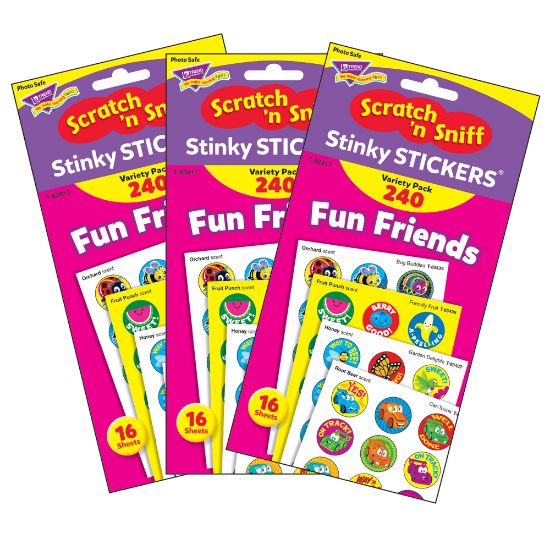 Picture of Trend Stinky Stickers, 1in, Fun Friends, 240 Stickers Per Pack, Set Of 3 Packs