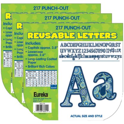 Picture of Eureka Reusable Punch-Out Deco Letters, 4in, Blue Harmony, 217 Letters Per Pack, Set Of 3 Packs