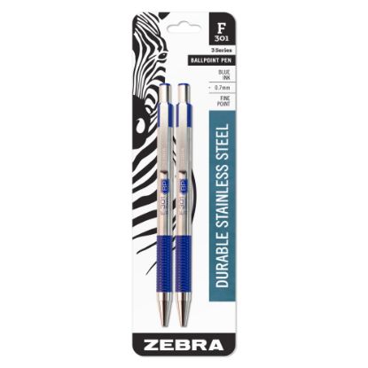 Picture of Zebra Pen BCA F-301 Ballpoint Pens, Fine Point, Stainless Steel Barrel, Blue Ink, Pack Of 2