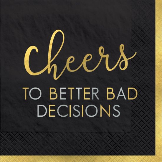 Picture of Amscan New Years Eve Bad Decisions Beverage Napkins, 5in x 5in, Black, Pack Of 48 Napkins