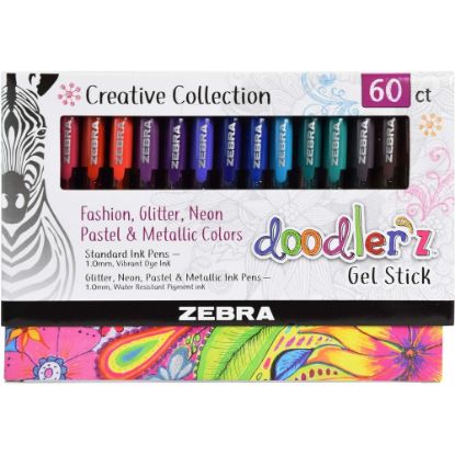 Picture of Zebra Pen doodler"z Gel Stick Pens, Pack Of 60, Bold Point, 1.0 mm, Translucent Barrel, Assorted Ink