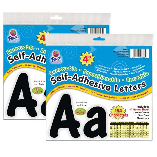 Picture of Pacon Self-Adhesive Letters, 4in, Black, Cheery Font, 154 Letters Per Pack, Set Of 2 Packs