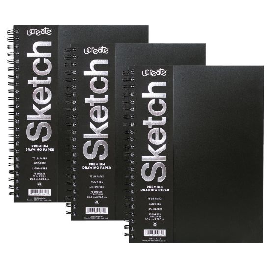 Picture of Pacon UCreate Poly Cover Sketch Books, 12in x 9in, 75 Sheets, Black, Pack Of 3 Books