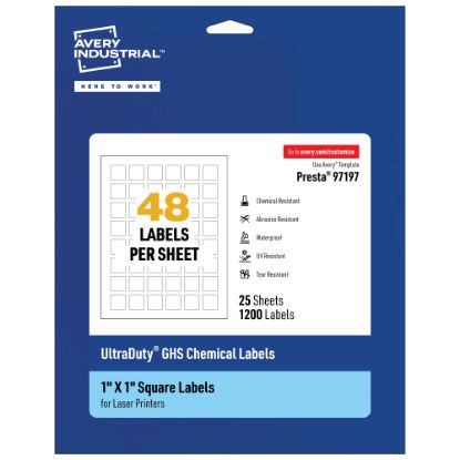 Picture of Avery Ultra Duty Permanent GHS Chemical Labels, 97197-WMU25, Square, 1in x 1in, White, Pack Of 1,200