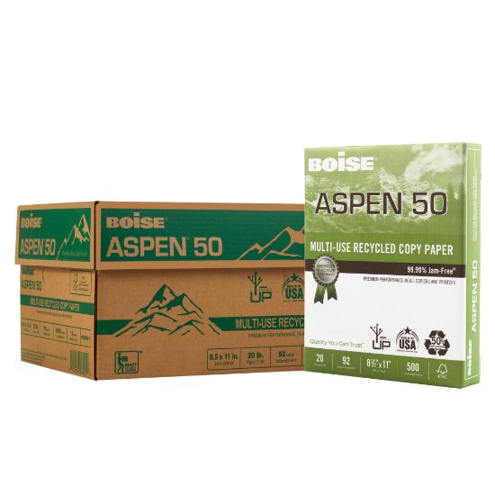 Picture of Boise ASPEN 50 Multi-Use Printer & Copy Paper, White, Letter (8.5in x 11in), 200000 Sheets Per Pallet, 20 Lb, 92 Brightness, 50% Recycled, FSC Certified, Case Of 10 Reams