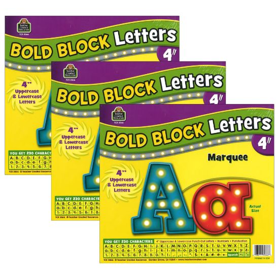 Picture of Teacher Created Resources 4in Letters, Marquee Bold Block, 230 Pieces Per Pack, Set Of 3 Packs