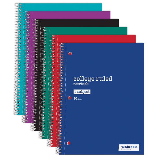 Picture of Just Basics Wirebound Notebook, 8in x 10-1/2in, College Ruled, 70 Sheets, Assorted Colors, Pack Of 6