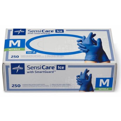 Picture of Medline SensiCare Ice Blue Nitrile Exam Gloves - Medium Size - Dark Blue - Comfortable, Chemical Resistant, Latex-free, Textured Fingertip, Non-sterile, Durable - For Medical - 250 / Box - 9.50in Glove Length