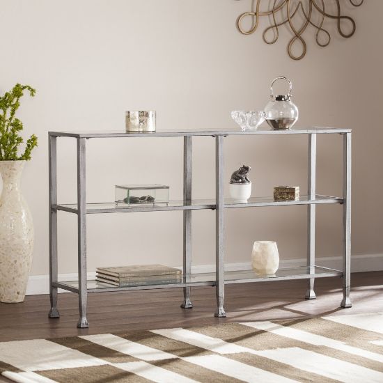 Picture of SEI Furniture Jaymes Metal/Glass 3-Tier Console Table/Media Stand, Rectangular, Clear/Silver