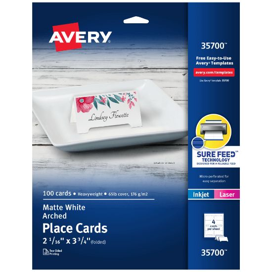 Picture of Avery Printable Arched Tent Cards With Sure Feed Technology, 65 lb, 2-1/16in x 3-3/4in, White, 100 Blank Place Cards