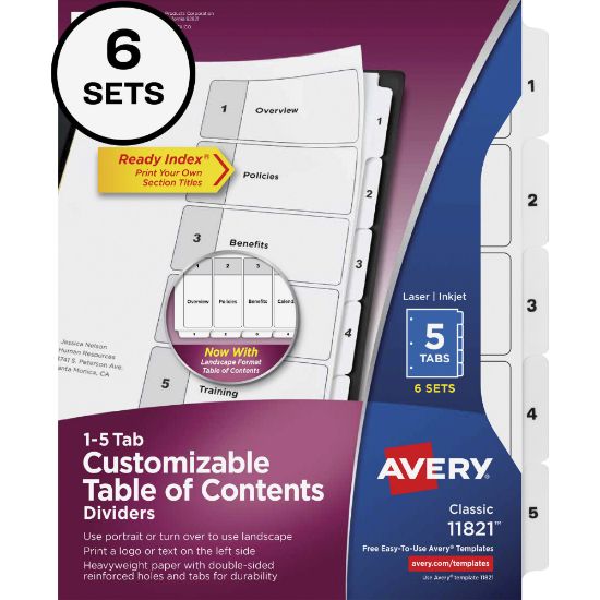 Picture of Avery Ready Index Classification Folder Binder Dividers, 8-1/2in x 11, White, 5 Dividers Per Set, Pack Of 6 Sets