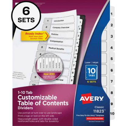 Picture of Avery Ready Index Table Of Contents Binder Dividers, 8-1/2in x 11in, White, 10 Tabs Per Pack, Set Of 6 Packs