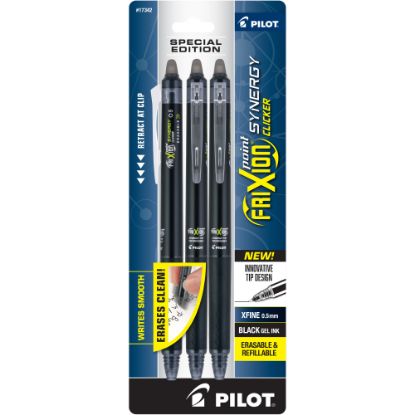 Picture of Pilot FriXion Synergy Clicker Erasable Retractable Gel Pens, Pack of 3, Extra-Fine Point, 0.5 mm, Black Barrel, Black Ink