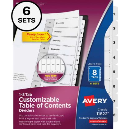 Picture of Avery Ready Index Binder Dividers, 8-1/2in x 11, White, 8 Dividers Per Set, Pack Of 6 Sets