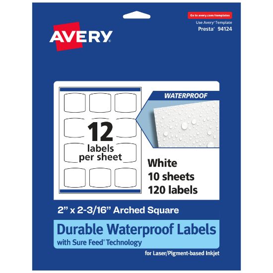 Picture of Avery Waterproof Permanent Labels With Sure Feed, 94124-WMF10, Arched Square, 2in x 2-3/16in, White, Pack Of 120