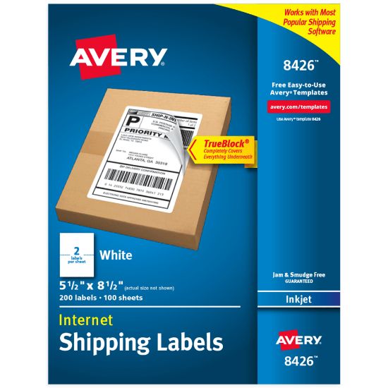 Picture of Avery Printable Blank Shipping Labels, 8426, Rectangle, 5-1/2in x 8-1/2in, White, Pack Of 200 Labels