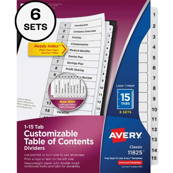 Picture of Avery Ready Index Dividers, 1-15 Tab & Customizable Table Of Contents, Letter Size, Black/White ,15 Tabs Per Pack, Set Of 6 Packs