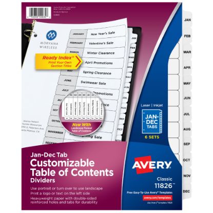 Picture of Avery Ready Index Dividers, Jan-Dec Tab & Customizable Table of Contents, 8-1/2in x 11in, Multicolor, 12 Dividers Per Pack, Set Of 6 Packs