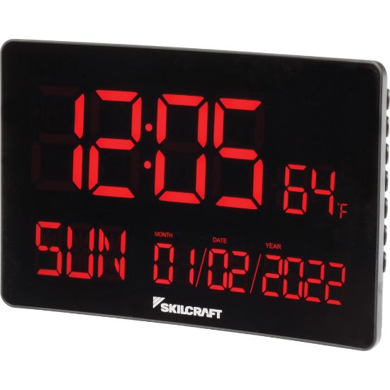 Picture of SKILCRAFT LED Self-Set Digital Clock, 6inH x 12inW x 1/2inD, Black