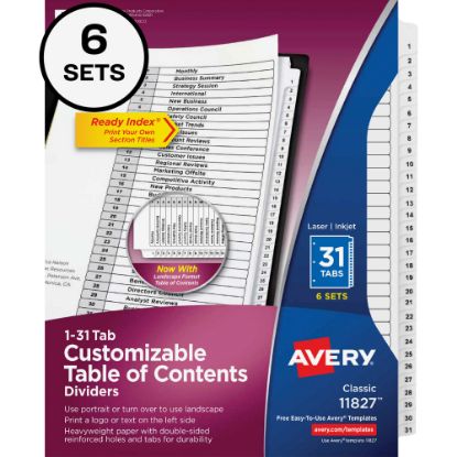 Picture of Avery Ready Index Dividers, 1-31 Tab & Customizable Table Of Contents, Letter Size, Black/White ,31 Dividers Per Pack, Set Of 6 Packs