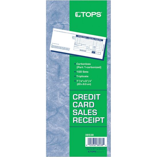 Picture of TOPS Credit Card Sales Slip Forms - 15 lb - 3 Part - Carbonless Copy - 3 1/4in x 7 7/8in Sheet Size - White Sheet(s) - Blue Print Color - Paper - 100 / Pack