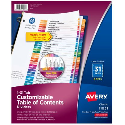 Picture of Avery Ready Index Binder Dividers, Customizable Table Of Contents, 31 Tab, Multicolor, Set Of 6 Sets