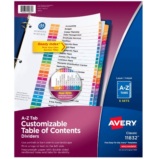 Picture of Avery Ready Index Dividers, A-Z Tab & Customizable Table of Contents, 8-1/2in x 11in, 26 Tab, Multicolor, Pack Of 6 Sets