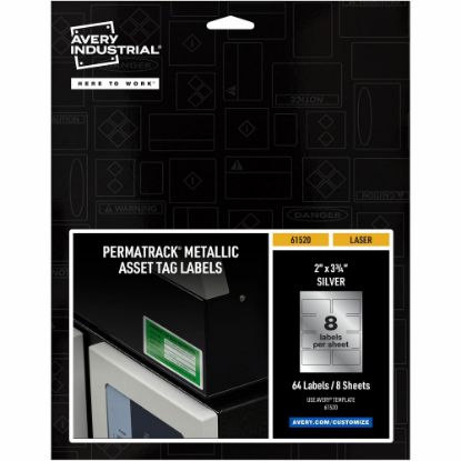 Picture of Avery PermaTrack Metallic Asset Tag Labels, 2in x 3-3/4in, Silver, 8 Per Sheet, Pack of 8 Sheets