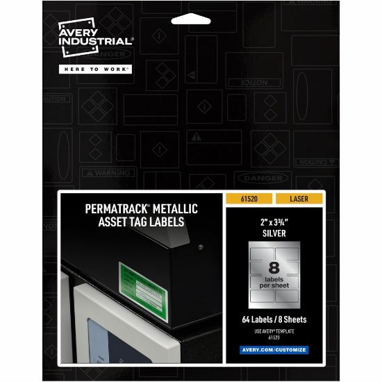 Picture of Avery PermaTrack Metallic Asset Tag Labels, 2in x 3-3/4in, Silver, 8 Per Sheet, Pack of 8 Sheets