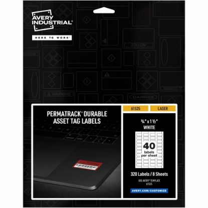 Picture of Avery PermaTrack Durable White Asset Tag Labels, 3/4in x 1-1/2in , 320 Asset Tags - 3/4in Width x 1 1/2in Length - Permanent Adhesive - Rectangle - Laser - White - Film - 40 / Sheet - 8 Total Sheets - 320 Total Label(s) - 5 - Water Resistant