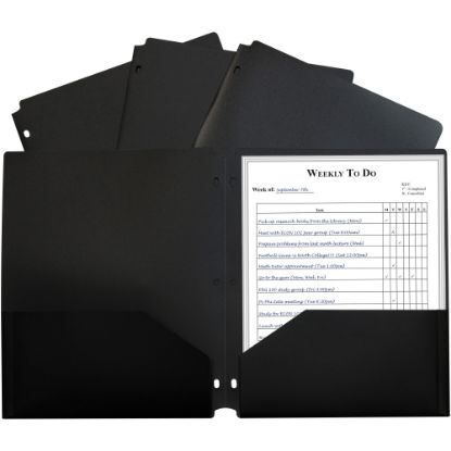 Picture of C-Line 2-pocket Heavyweight Poly Portfolio Pocket - 11.4in Length - 100 mil Thickness - For Letter 8 1/2in x 11in Sheet - 3 x Holes - Ring Binder - Rectangular - Black - Polypropylene - 25 / Box