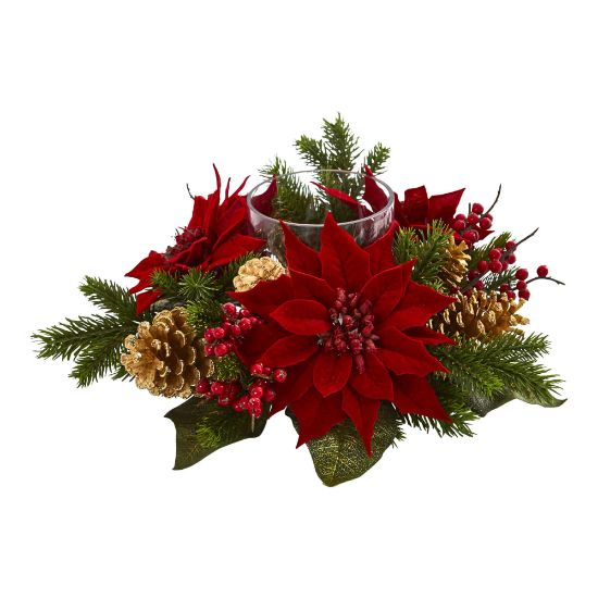 Picture of Nearly Natural 14inH Poinsettia, Berry And Golden Pine Cone Candelabrum Artificial Arrangement, 14inH x 14inW x 6inD, Clear/Red