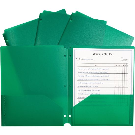 Picture of C-Line 2-pocket Heavyweight Poly Portfolio Pocket - 11.4in Length - 100 mil Thickness - For Letter 8 1/2in x 11in Sheet - 3 x Holes - Ring Binder - Rectangular - Green - Polypropylene - 25 / Box