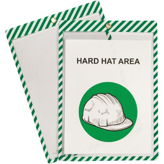 Picture of C-Line Safety Striped Shop Ticket Holders - 0.1in x 9.8in x 13.6in - Vinyl - 25 / Box - White, Green