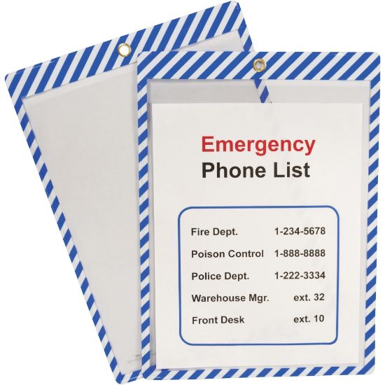 Picture of C-Line Safety Striped Shop Ticket Holders - 0.1in x 9.8in x 13.6in - Vinyl - 25 / Box - Blue, White