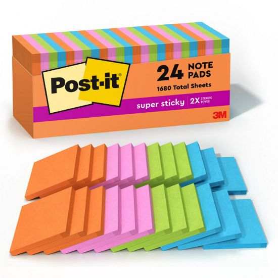 Picture of Post-it Super Sticky Notes, 3 in x 3 in, 24 Pads, 70 Sheets/Pad, 2x the Sticking Power, Back to School Supplies for Students, Sticky Notes for Textbooks and Notebooks, Energy Boost Collection