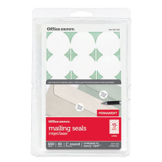 Picture of Office Depot Brand Permanent Mailing Seals, 1in Diameter, White, Pack Of 600