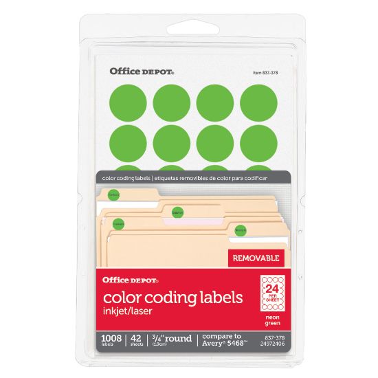 Picture of Office Depot Brand Removable Round Color-Coding Labels, OD98787, 3/4in, Green Neon, Pack Of 1,008