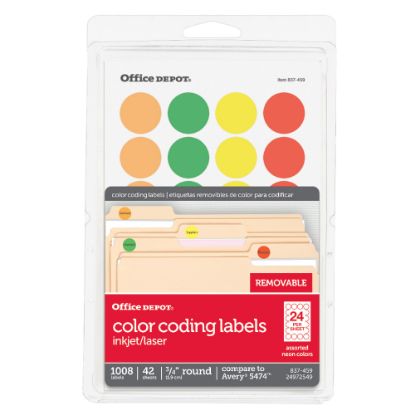 Picture of Office Depot Brand Removable Round Color-Coding Labels, OD98789, 3/4in, Assorted Fluorescent Colors, Pack Of 1,008