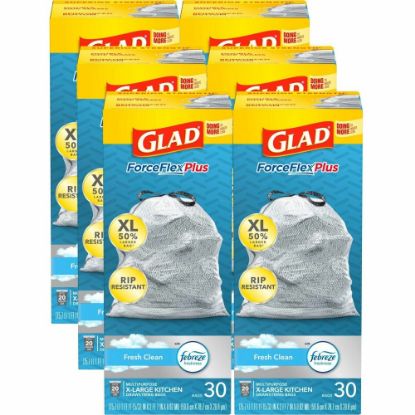 Picture of Glad ForceFlexPlus X-Large Kitchen Drawstring Bags - Fresh Clean with Febreze Freshness - Large Size - 20 gal Capacity - 24.02in Width x 32.01in Length - Drawstring Closure - Gray - 6/Carton - 30 Per Box - Home, Garbage, Office, Kitchen