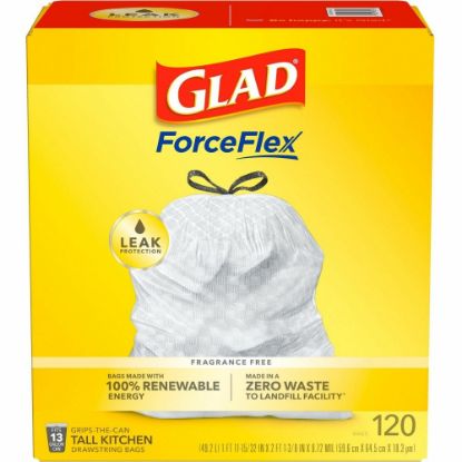 Picture of Glad ForceFlex Tall Kitchen Drawstring Trash Bags - 13 gal Capacity - 9 mil (229 Micron) Thickness - Drawstring Closure - White - Plastic - 3/Carton - 120 Per Box - Kitchen, Home, Breakroom, Day Care, Garbage