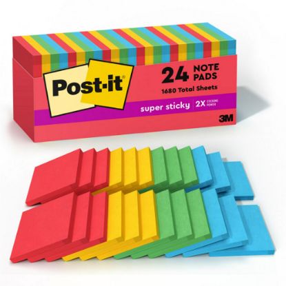 Picture of Post-it Super Sticky Notes, 3 in x 3 in, 24 Pads, 70 Sheets/Pad, 2x the Sticking Power, Playful Primaries Collection