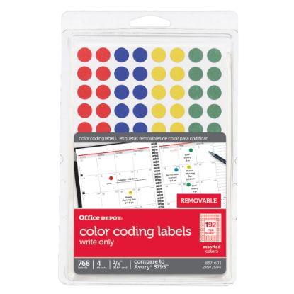 Picture of Office Depot Brand Removable Round Color-Coding Labels, OD98803, 1/4in, Multicolor Dots, Pack Of 768