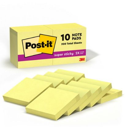 Picture of Post-it Super Sticky Notes, 1 7/8 in x 1 7/8 in, 10 Pads, 90 Sheets/Pad, 2x the Sticking Power, Canary Yellow