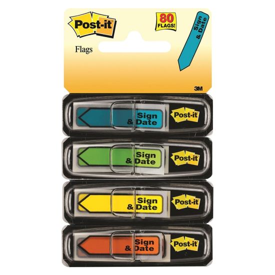 Picture of Post-it Flags, .47 in. x 1.7 in., 4 Dispensers, 20 Flags/Dispenser, Assorted Bright Colors, Printed "Sign & Date", Back to School Supplies for Students, Flags for Textbooks and Notebooks