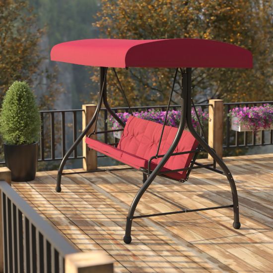 Picture of Flash Furniture Tellis 3-Seat Outdoor Steel Converting Patio Swing/Bed, Maroon/Black