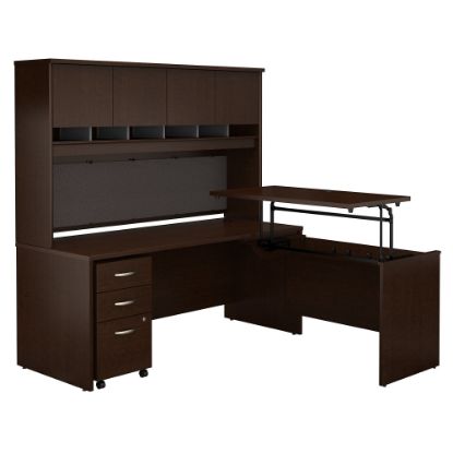 Picture of Bush Business Furniture Components 72inW 3 Position Sit to Stand L Shaped Desk with Hutch and Mobile File Cabinet, Mocha Cherry, Standard Delivery